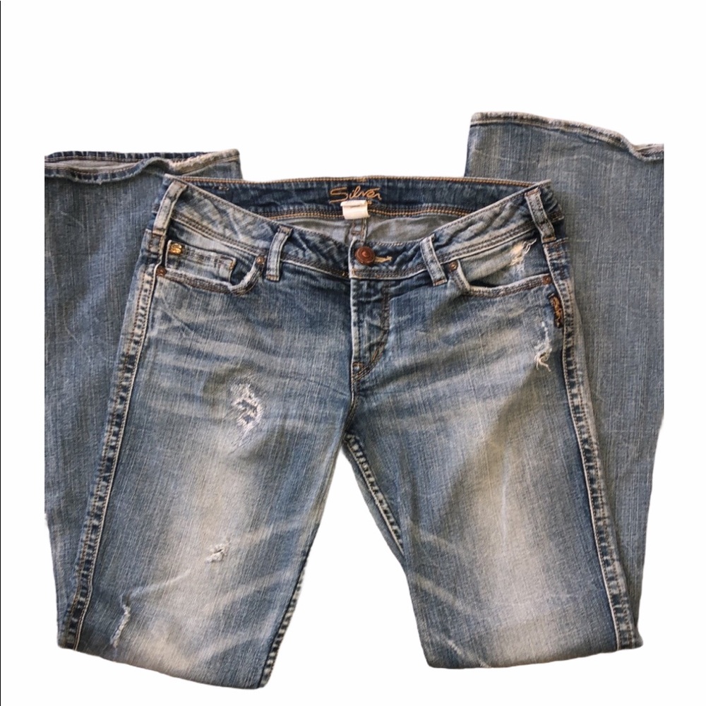 Silver- Light Wash Flare Distressed Jeans✨